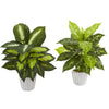 Nearly Natural 8749-S2 19" Artificial Green Dieffenbachia Plant in White Vase, Set of 2