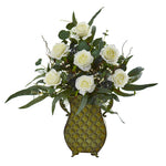 Nearly Natural 8791 27" Artificial Green & White Rose & Eucalyptus Plant in Metal Planter