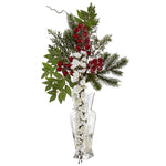 Nearly Natural 25``Wisteria, Iced Pine and Berries Artificial Arrangement in Glass Vase