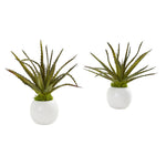 Nearly Natural 8515-S2 10" Artificial Green Mini Aloe Succulent Plant in White Vase, Set of 2