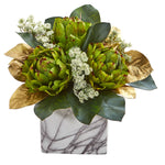 Nearly Natural 1690 Golden Magnolias & Artichokes Artificial Arrangement in Marble Finished Planter