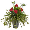 Nearly Natural P1255 32" Artificial Green & Red Mixed Anthurium & Spider Plant in Decorative Tin Planter