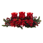 Nearly Natural 4914 9.5" Artificial Red Poinsettia & Berry Triple Candleabrum