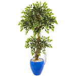 Nearly Natural 9386 4.5' Artificial Green Variegated Ficus Tree in Blue Planter