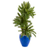 Nearly Natural 9207 4' Artificial Green Triple Cycas Plant in Blue Planter