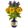 Nearly Natural A1076 24" Artificial Yellow & Purple Sunflower & Lilac Arrangement in Blue & Gold Vase