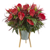 Nearly Natural P1235 28" Artificial Green & Red Mixed Anthurium Plant in Green Planter with Stand