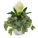 Nearly Natural 18`` Bromeliad & Peperomia Artificial Plant in White Bowl