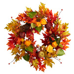 Nearly Natural W1232 24`` Autumn Maple Leaf and Berries Fall Artificial Wreath