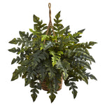 Nearly Natural 6912 24" Artificial Green Holly fern in Hanging Basket
