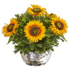 Nearly Natural 1960 16" Artificial Green & Yellow Sunflower Arrangement in Silver Vase