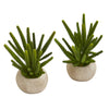 Nearly Natural P1170-S2 9" Artificial Green Finger Cactus Plant in Stone Planter, Set of 2