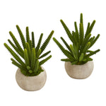 Nearly Natural P1170-S2 9" Artificial Green Finger Cactus Plant in Stone Planter, Set of 2