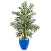 Nearly Natural 5624 4.5' Artificial Green Areca Palm Tree in Glazed Blue Planter, UV Resistant (Indoor/Outdoor)