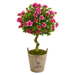 Nearly Natural 9293 3' Artificial Green & Pink Azalea Topiary Tree in Farmhouse Planter