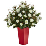 Nearly Natural 6448 36" Artificial Green & White Rose Bush Plant in Red Planter