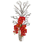 Nearly Natural 1928 36" Artificial Red Autumn Phalaenopsis Arrangement in Silver Vase
