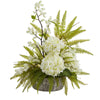 Nearly Natural A1380 21" Artificial Green & White Hydrangea & Fern Arrangement in Weathered Oak Vase