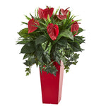 Nearly Natural 6451 34" Artificial Green & Red Mixed Anthurium Plant in Red Planter