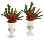 Nearly Natural P1165-S2 14" Artificial Green & Red Mixed Succulent Plant in White Urn, Set of 2