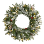 Nearly Natural 24`` Snowed Artificial Christmas Wreath with 50 Warm White LED Lights and Pine Cones