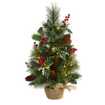 Nearly Natural 18`` Mixed Pine Artificial Christmas Tree with Holly Berries, Pinecones, 35 Clear LED Lights and Burlap Base
