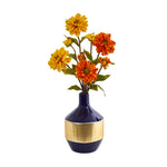 Nearly Natural A1035 22" Artificial Yellow & Orange Zinnia Arrangement in Blue & Gold Designer Vase