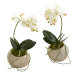 Nearly Natural A1272-S2 9" Artificial Green & White Mini Orchid Phalaenopsis Arrangement in Stone Vase, Set of 2