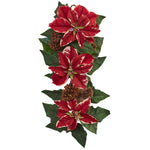Nearly Natural 4872 25" Artificial Green & Red Poinsettia, Pine Cone & Burlap Teardrop