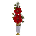 Nearly Natural 1923 33" Artificial Red Magnolia & Pine Arrangement in Designer Vase