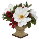 Nearly Natural 4197 15" White Magnolia, Pine & Berries Artificial Silk Arrangement