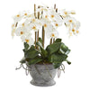 Nearly Natural A1361 18" Artificial Green & White Phalaenopsis Orchid Arrangement in Vintage Bowl with Copper Trimming