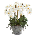 Nearly Natural A1361 18" Artificial Green & White Phalaenopsis Orchid Arrangement in Vintage Bowl with Copper Trimming