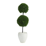 Nearly Natural 4` Boxwood Double Ball Artificial Topiary Tree in White Planter UV Resistant (Indoor/Outdoor)