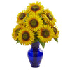 Nearly Natural 1786 Sunflower Artificial Arrangement in Blue Garden Vase