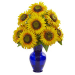 Nearly Natural 1786 Sunflower Artificial Arrangement in Blue Garden Vase