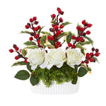 Nearly Natural A1074 12" Artificial White & Red Rose & Holly Berry Arrangement in White Vase