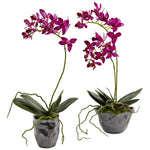 Nearly Natural 4993-S2 13.5" Artificial Pink Mini Phal with Metallic Vase, Set of 2