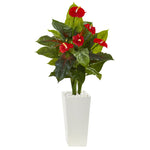 Nearly Natural 6392 4.5' Artificial Green & Red Anthurium Plant in White Tower Planter