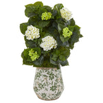 Nearly Natural 9419 35" Artificial Green & White Hydrangea Plant in Decorative Vase