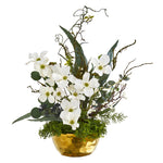 Nearly Natural A1013 23" Artificial Green & White Dogwood Arrangement in Gold Vase