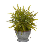 Nearly Natural 8842 15" Artificial Green Fern Plant in Vintage Metal Bowl with Copper Trimming