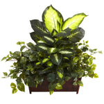 Nearly Natural 6803 30" Artificial Green Golden Dieffenbachia, Philo & Pothos with Wood Planter