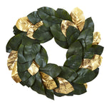 Nearly Natural 4873 22" Aritificial Green & Golden Leaf Magnolia Wreath