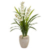 Nearly Natural 9445 4' Artificial Green & White Cymbidium Orchid Plant in Sandstone Planter