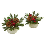 Nearly Natural 1668-S2 7.5" Artificial Green & Brown Red Berry Christmas Inspired Arrangement in Ceramic Vase, Set of 2