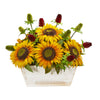 Nearly Natural 1829 Yellow Sunflower & Thistle Artificial Arrangement in White Wash Planter
