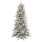 Nearly Natural 7.5` Flocked Livingston Fir Artificial Christmas Tree with Pine Cones and 500 Clear Warm LED Lights