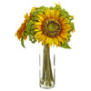 Nearly Natural 1780 12" Artificial Yellow Sunflower Arrangement in Glass Vase