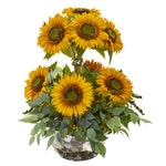 Nearly Natural A1240 21" Artificial Green & Yellow Sunflower & Mixed Greens Arrangement in Silver Vase